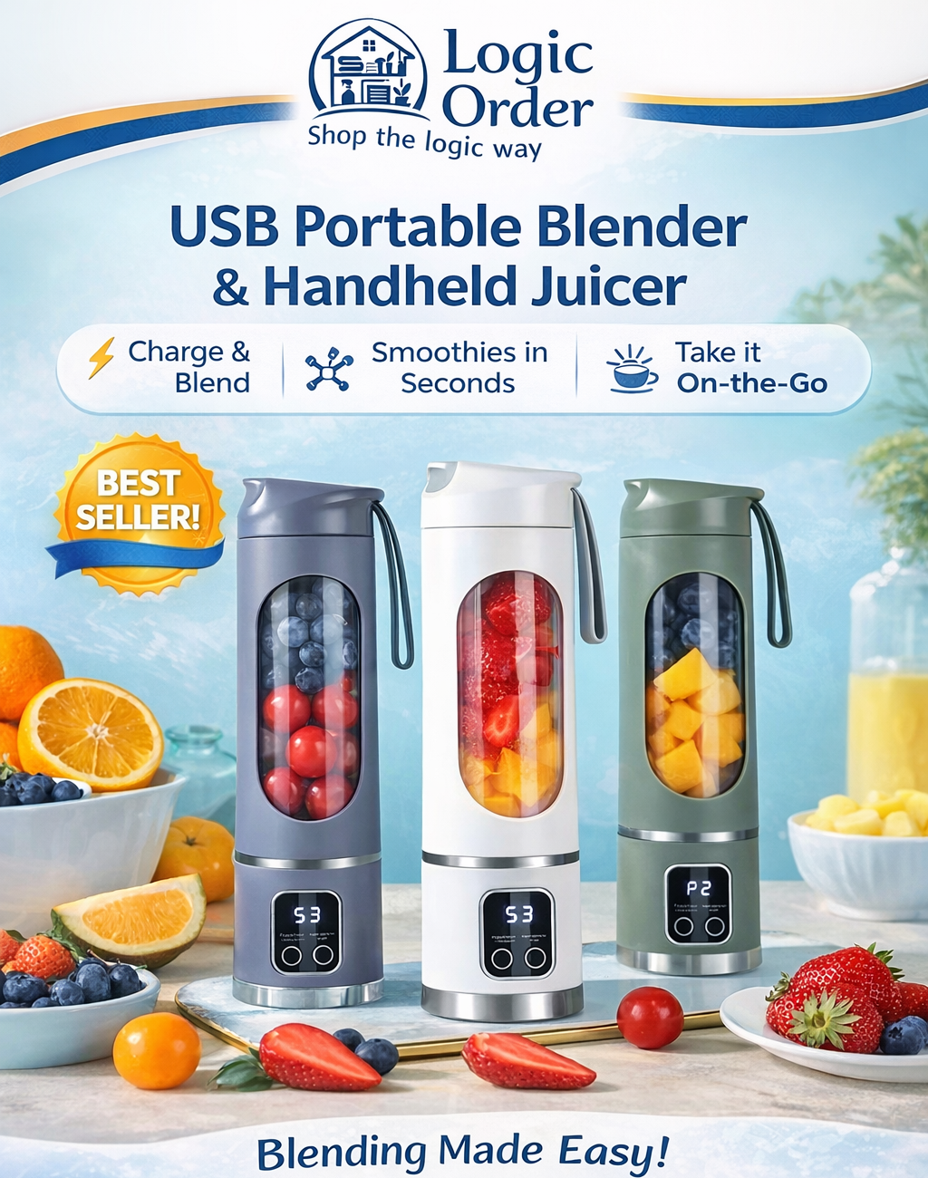 Logic Order™ USB Rechargeable Blender 💪🥭 – Blend on the Go in Seconds