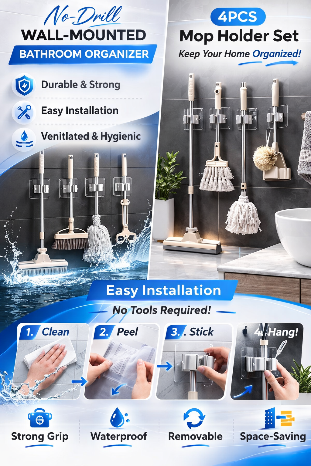No-Drill Mop & Broom Holder Set | Strong Wall Mount Organizer (4-Pack) 🏠